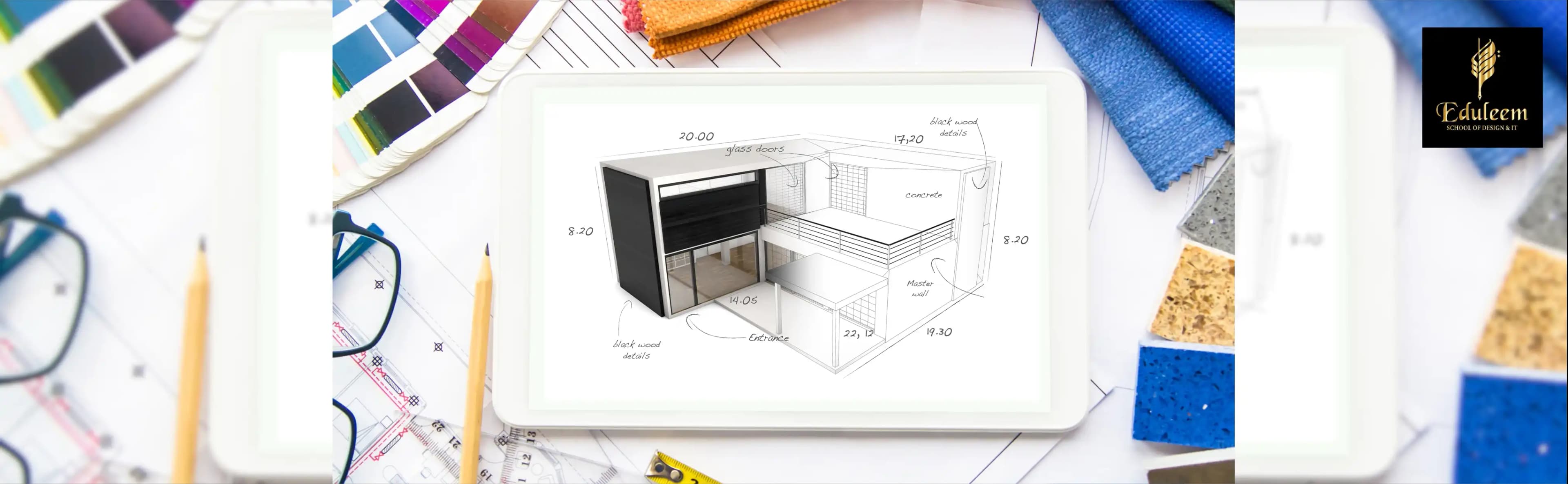 Interior design layout plan and material samples displayed during Interior Design Course in Bangalore at Eduleem School of Design, offering professional Interior Design Training in Bangalore.