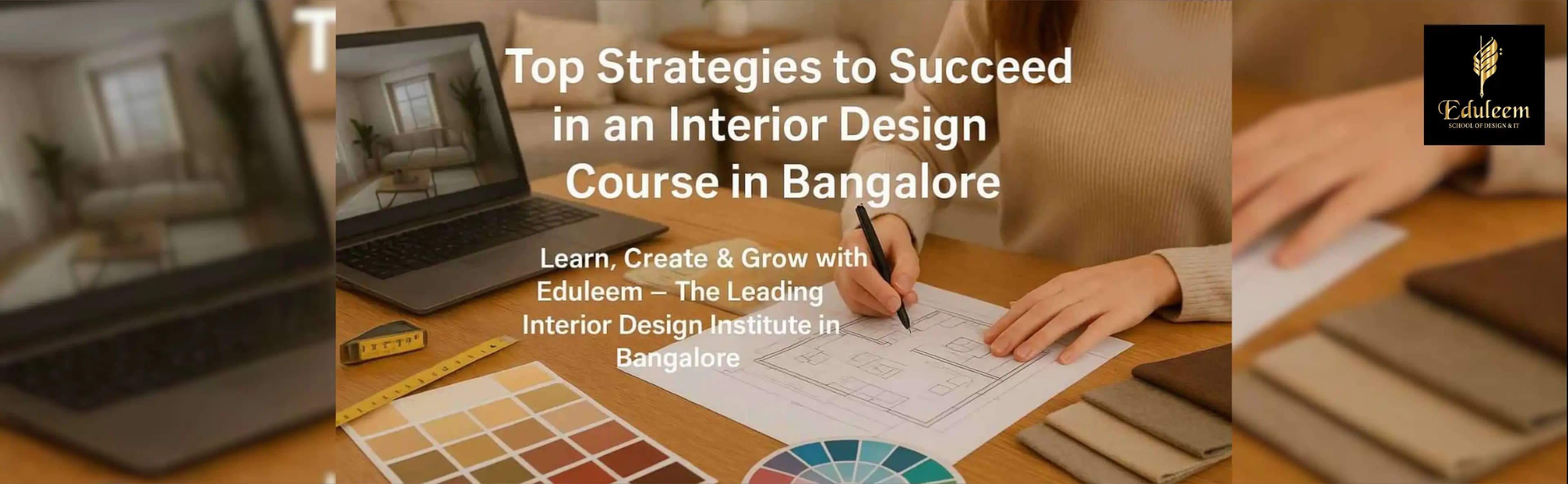 Student working on interior layout design with laptop and materials for Interior Design Course in Bangalore at Eduleem School of Design, leading institute for Interior Design Training in Bangalore.