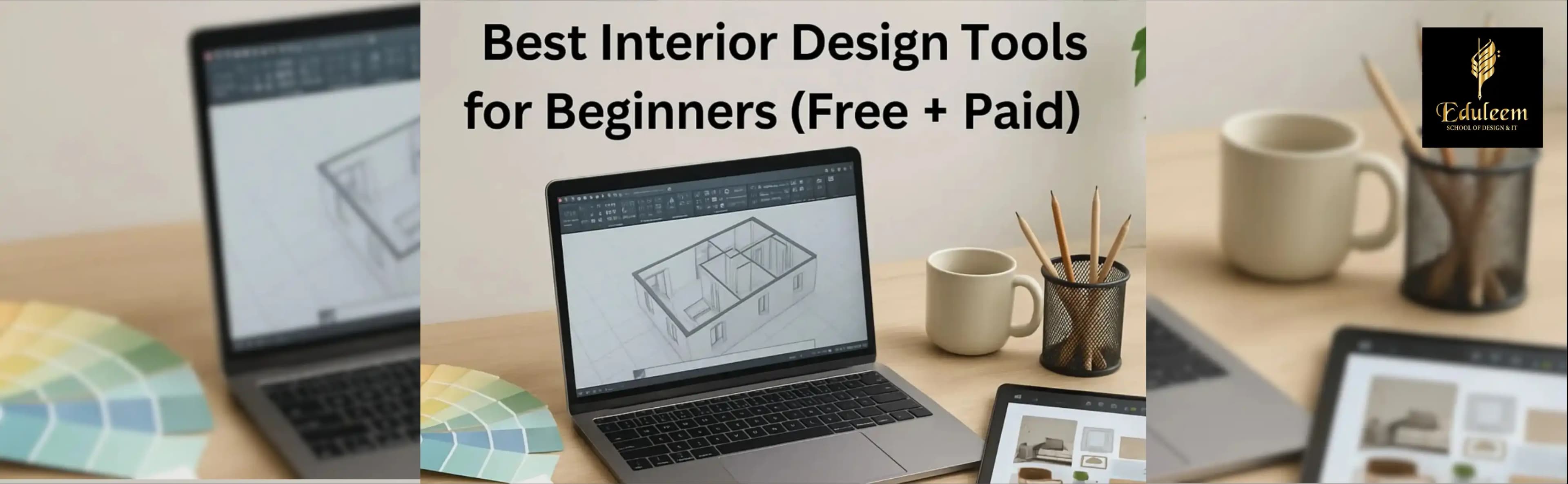 Best interior design tools for beginners displayed on a laptop, used in interior design courses in Bangalore at Eduleem School of Design.