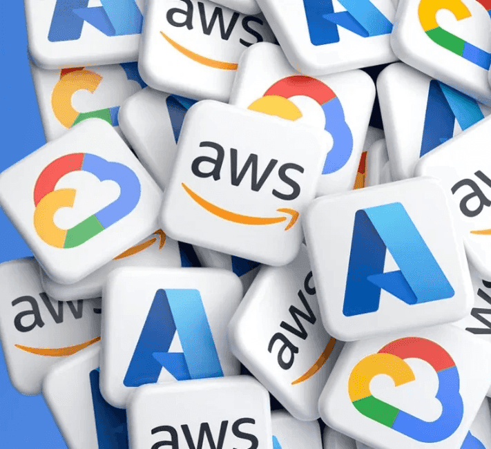 Cloud-computing icons for AWS, Google Cloud, and Microsoft Azure stacked on the right side against a blue background.