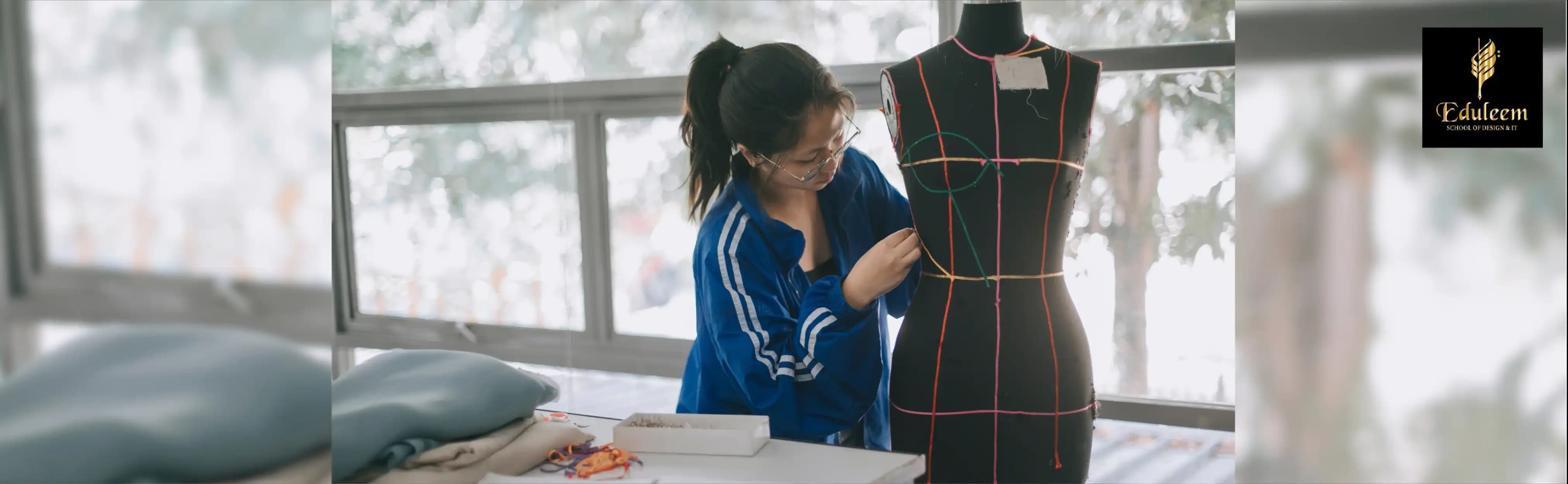 Fashion design student working on dress form during a fashion designing course in Bangalore at Eduleem School of Design & IT